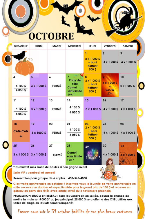Calendrier octobre 2026