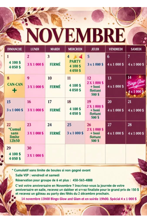 Calendrier novembre 2026
